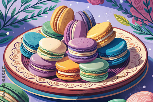 French macarons in pastel colors served on an elegant plate stylish dessert concept for patisserie, bakery branding, and sweet treat themes