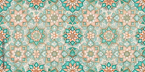Colorful floral mandala pattern with intricate designs in teal and peach tones.