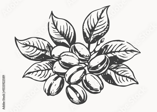 Coffee package with text and line icons. Paper packaging label. Design template. Coffee tree illustration.