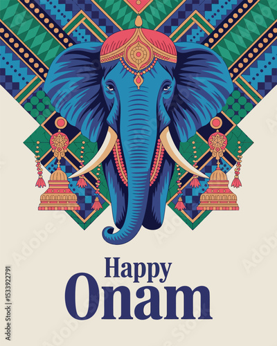 Happy Onam Greeting with Decorated Elephant and Traditional Indian Patterns