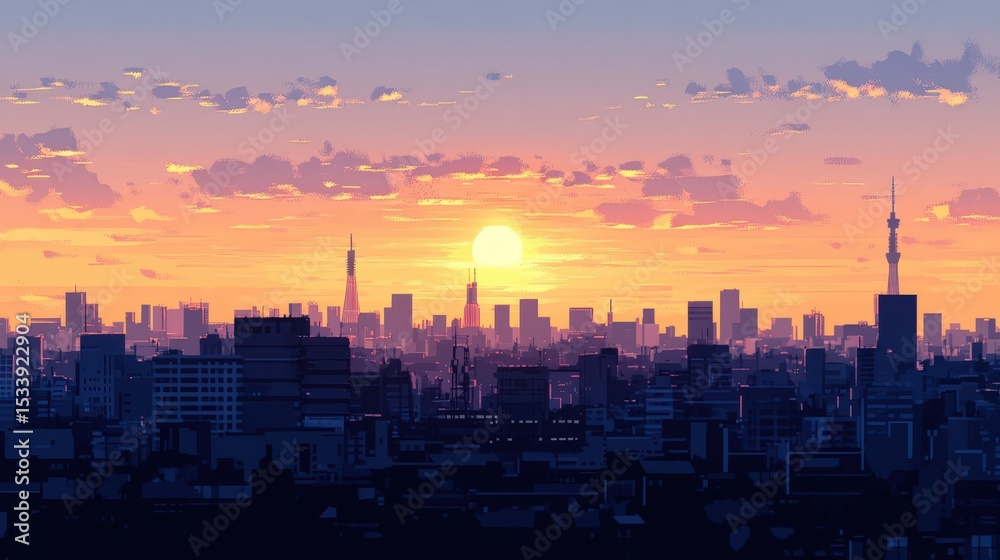 Fototapeta premium Silhouette cityscape at sunrise, vivid colors, artistic depiction.
