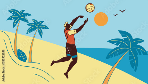 Beach volleyball player in action at sunny day under blue sky.                                  