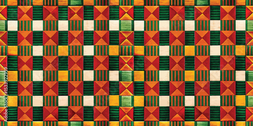 Vibrant geometric quilt pattern in warm tones of red, orange, and green.
