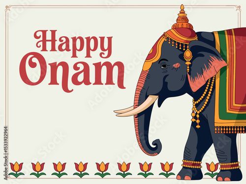Happy Onam Greeting with Decorated Elephant and Traditional Indian Patterns