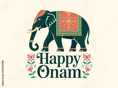 Happy Onam Greeting with Decorated Elephant and Traditional Indian Patterns
