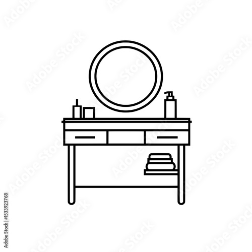 Classic design vanity icon with large round mirror and symmetrical beauty product arrangement.