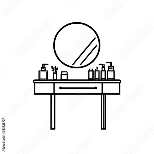 Outline icon of a vanity with a tilted mirror and multiple cosmetics bottles, representing a beauty station.