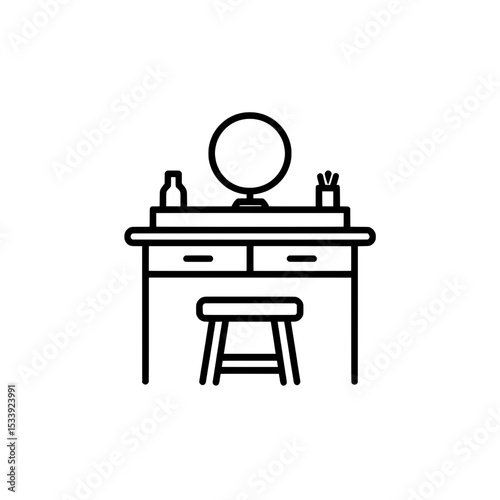 Icon of a vanity table with a large mirror and various cosmetic containers, symbolizing a personal care corner.