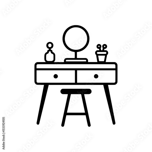 Line icon of a vanity table with mirror, beauty products, and stool, representing a personal grooming or makeup station.