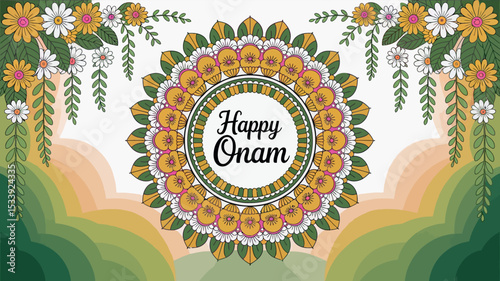 Happy Onam Pookalam Floral Rangoli Festival Decoration Background