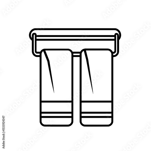 Minimalist line icon of two hanging towels on a horizontal rack, representing bathroom or spa equipment.
