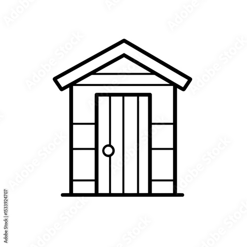 Outline icon of a small wooden cabin with a gable roof and centered door representing rural housing or outdoor lodging.