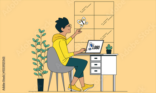 Office worker in casual clothes sitting at desk and working on laptop. Professional office worker at workplace