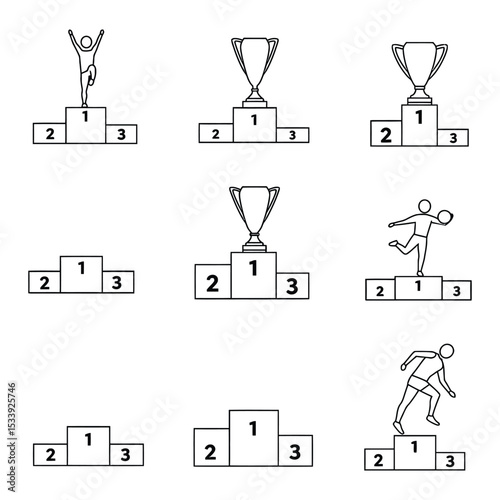 Winner Podium Line Art Illustrations Set Trophy First Second Third Place Awards Competition Success vector