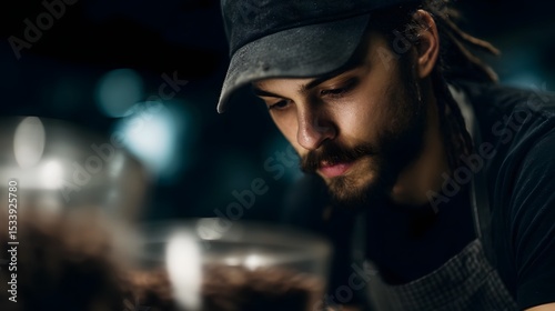 Barista carefully tamping espresso with