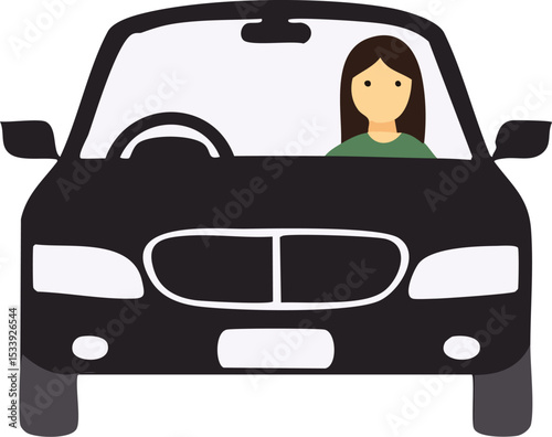 Female Driver in Black Car - Front View Vehicle Icon

