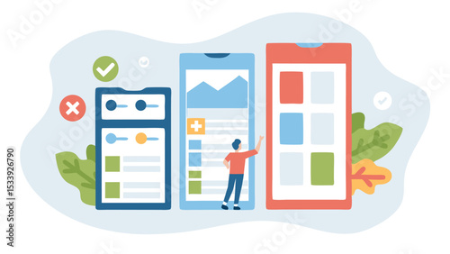 Three mobile interfaces displayed with check and cross marks and a person interacting with the middle one