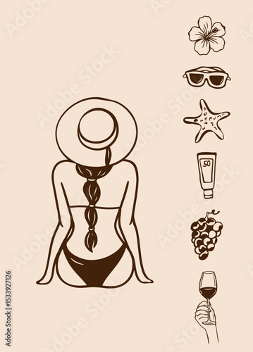 Silhouette of a woman in bikini with long braid and sunhat relaxing, surrounded by tropical summer elements on beige background