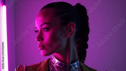 Mujer joven con cabello castaño oscuro trenzado intrincadamente, recogido hacia atrás, revelando una expresión seria e introspectiva