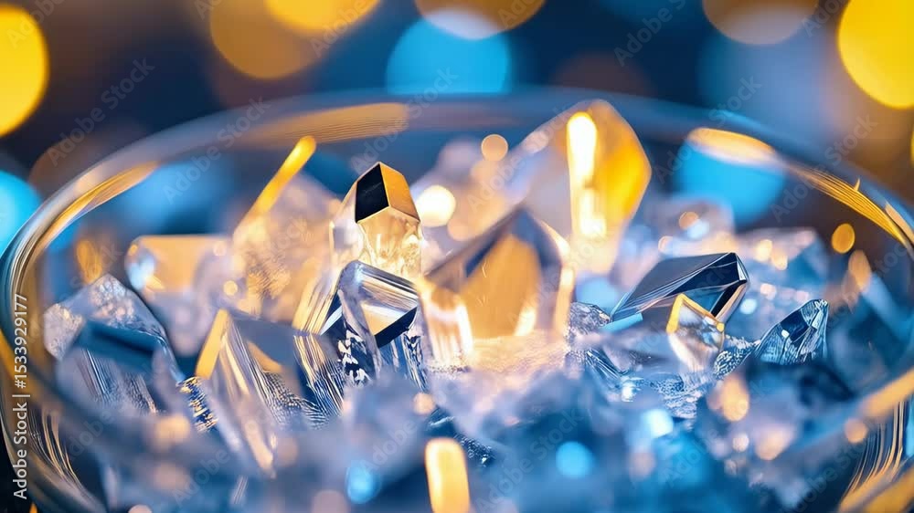 Close-up of angular crystals in a glass bowl reflecting light with blue and golden bokeh background creating a magical effect.