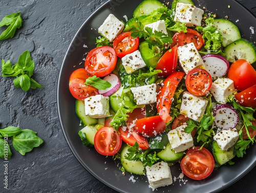 Fresh Greek Salad with Feta Cheese and Vegetables on Dark Plate