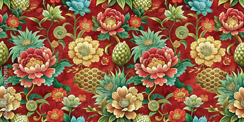 Vibrant floral pattern with intricate details on a rich red background.