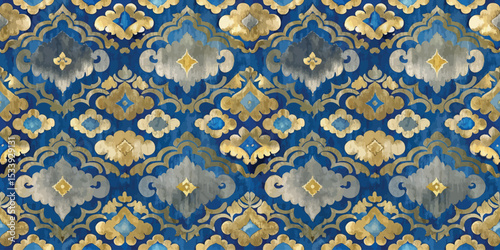 Elegant blue and gold intricate floral pattern design.