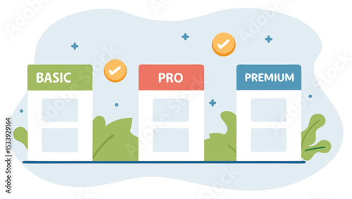 Illustration of three pricing plans basic pro and premium with checkmarks and abstract background design