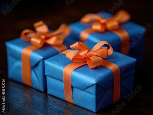 Three blue gift boxes with orange ribbons on dark wood