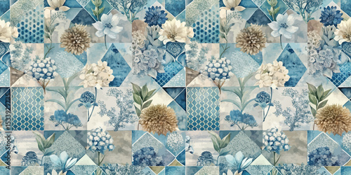 Elegant floral patchwork design in soft blue tones, ideal for home decor.