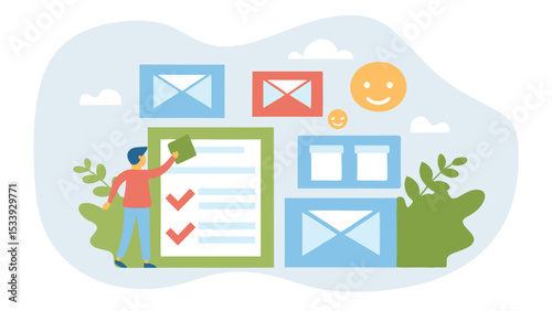 Man completing a checklist with envelopes and smiley faces in a light blue background illustration