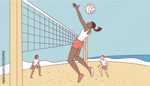 Sports woman jump at volleyball beach summer outdoor competition game on ocean or sea sand playing to win. Healthy, fitness and training agile girl or young athlete ready hit ball over net in match   