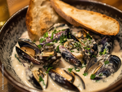 Creamy Mussels with Bread a Delicious Seafood Dish Close Up