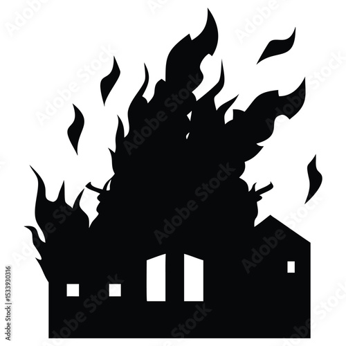 Silhouette of house on fire disaster emergency danger flames burning building inferno destruction tragedy hot