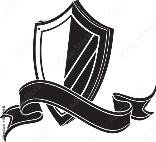 Black silhouette of classic shield icon with smooth curved ribbon below, flat emblem style for award design, tracing, or clean badge illustration