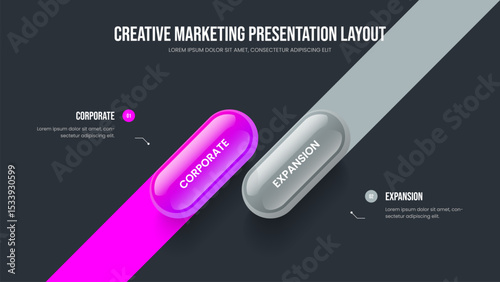 Advertising Visualization 2 Option Infographic Frame Template. Corporate Report Two Step Diagram Slideshow Layout. Financial Review Slide Design Vector Illustration.