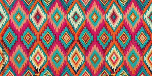 Vibrant geometric pattern with bold colors in a diamond motif.