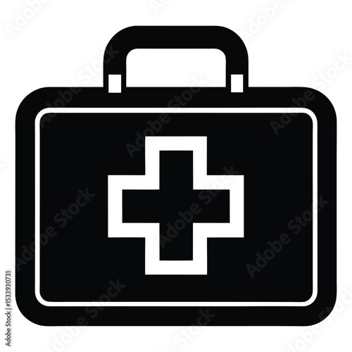 Black and white vector illustration of a first aid kit for healthcare and emergency services