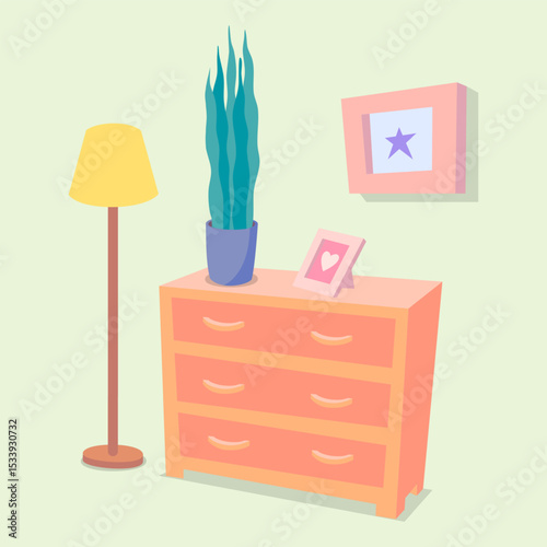 Cartoon Color Commode, Plant and Lamp Room Interior Inside Scene Concept Flat Design Style. Vector illustration