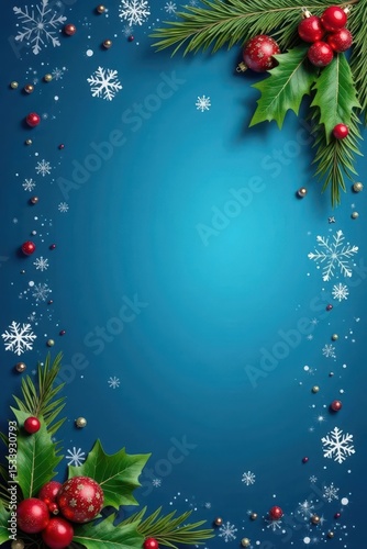 Ornament against elegant blue Christmas background with snowflakes and holly leaves , holiday, holly, christmas