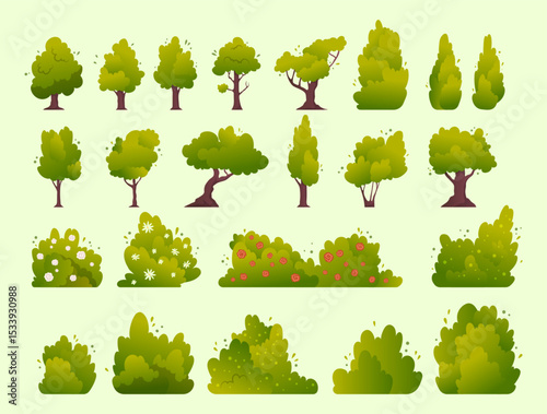 Cartoon Color Different Types of Spring Trees and Bushes Set Decoration Elements Garden and Park Concept Flat Design Style. Vector illustration