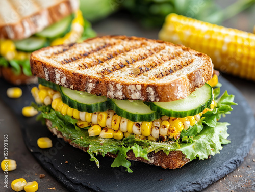 Delicious Grilled Sandwich with Corn Cucumber and Lettuce on Slate