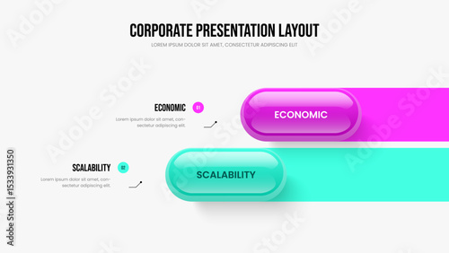 Sales Review Two Option Diagram Frame Layout. Digital Solution 2 Element Infographic Presentation Design. Product Briefing Slide Template Vector Illustration.