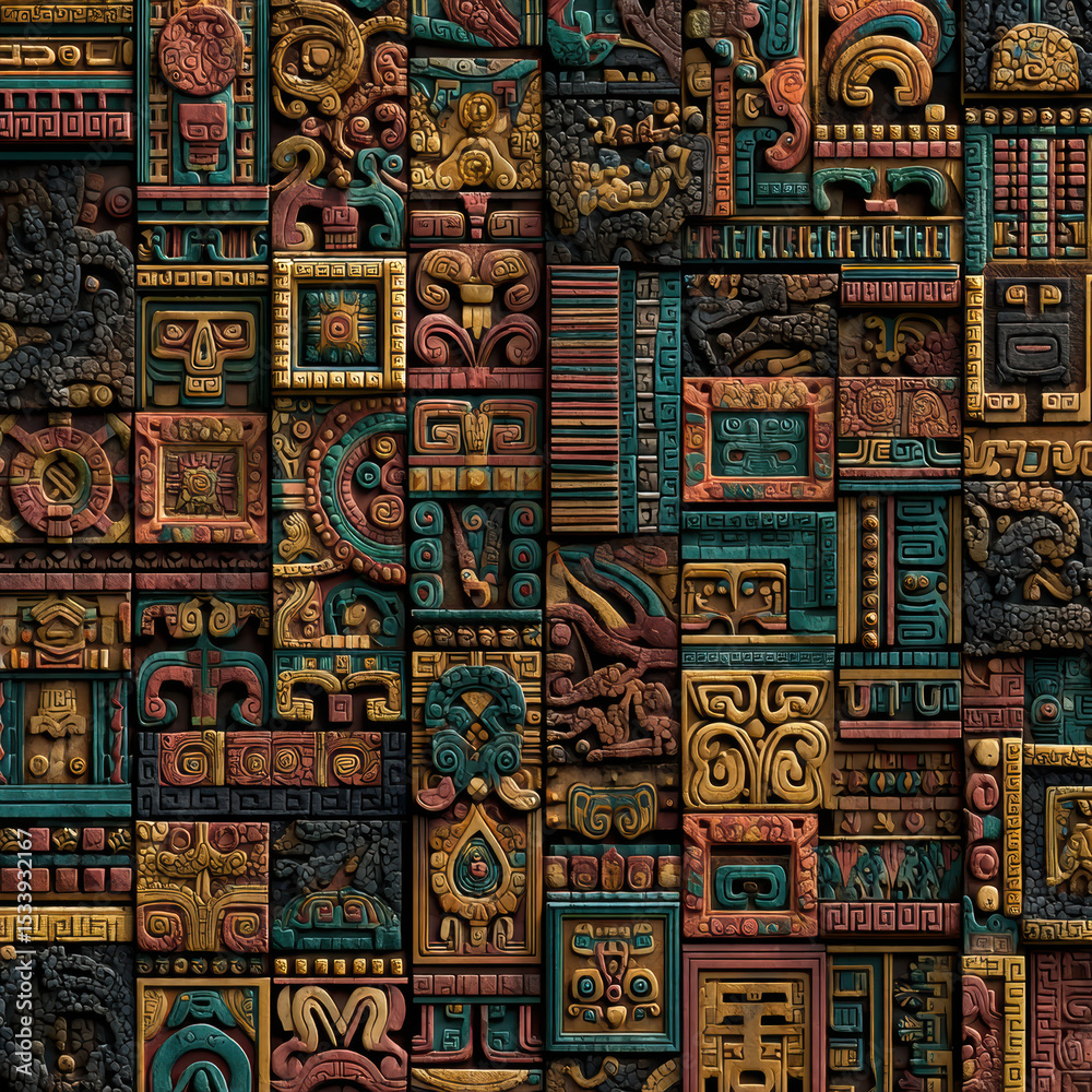 Obraz premium Stone Carved Symbols in Cyan and Gold