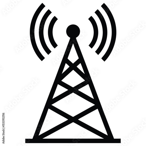 Simple black and white illustration of a communications tower transmitting wireless signals