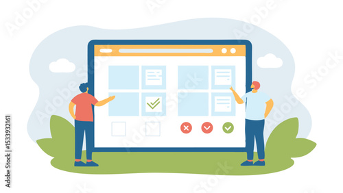 Two people interacting with a large screen displaying a grid of tasks with checkmarks and x marks