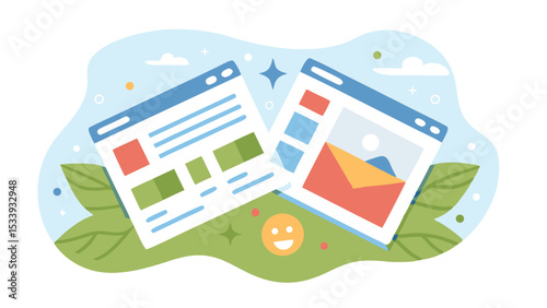 Two website windows displayed with a smiley face and green leaves in a light blue background scene