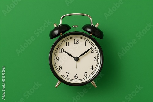 Classic black twin-bell alarm clock with white dial and bold numbers, isolated on green chroma key background, perfect for time or schedule concepts

 photo