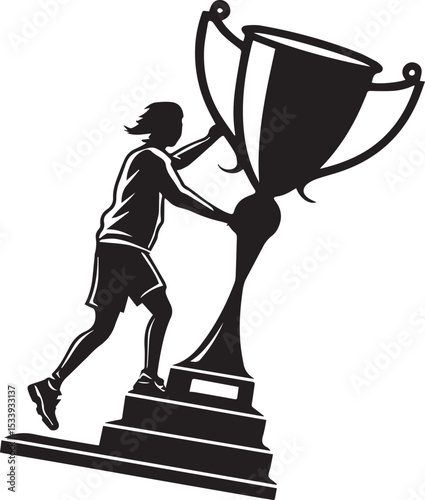Tall trophy black silhouette with sharp edges and small plaque, bold flat icon design perfect for award graphics or stock illustration use