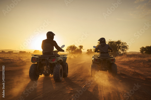 Two men riding quad bikes on dusty trail during sunset with golden sky and dry bushes in the background adventurous outdoor motorsport experience